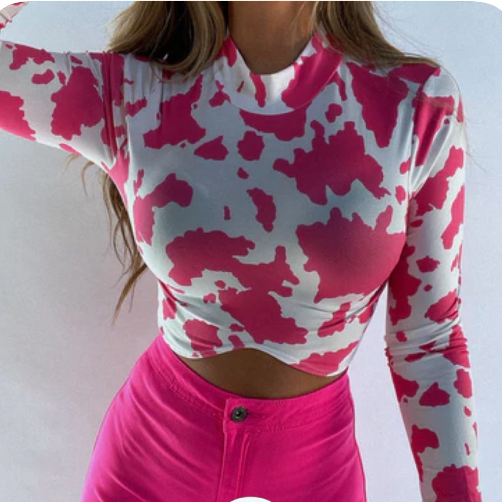 Western cow print pink long sleeve crop